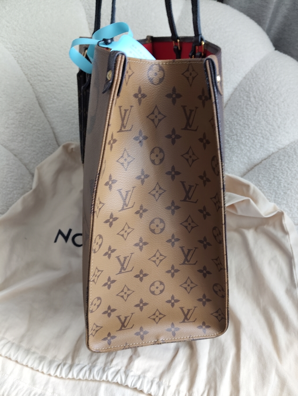 Louis Vuitton Monogram Canvas Tote with Red Interior and Black Straps - Picture 5 of 11